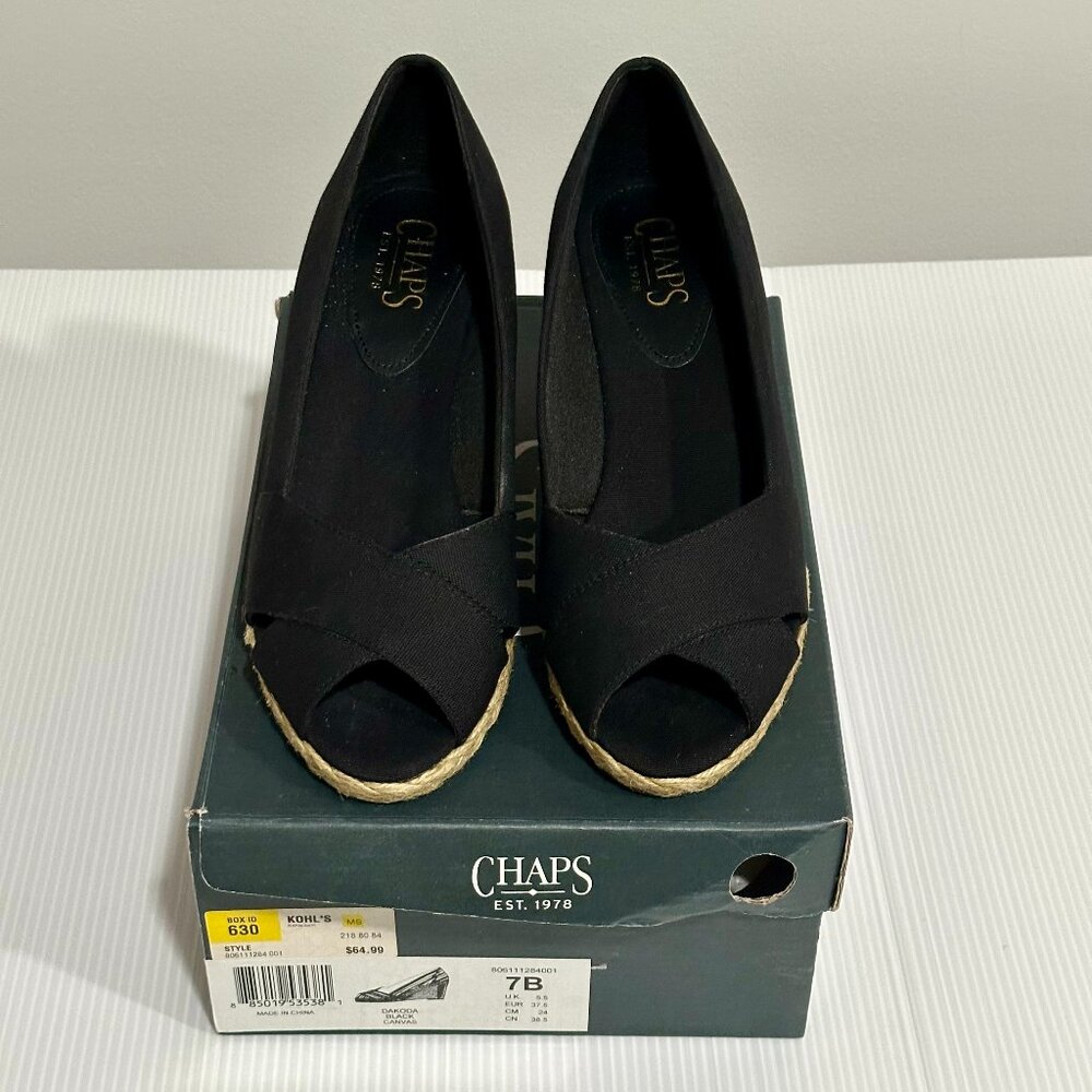 CHAPS Dakoda Black Canvas Espadrille Wedge Open Toes Heels Shoes size 7B